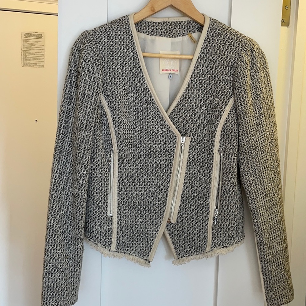 Rebecca Taylor Black & Cream Zip-Up Crop Blazer w/ Leather trim. Sz 4